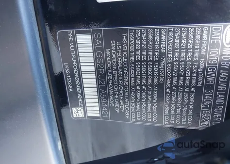 2020 Land Rover Range Rover Hse z USA, uszkodzony, nr VIN SALGS2RU2LA584421